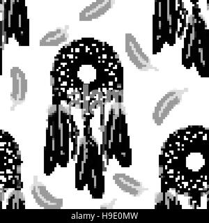 Dream catchers seamless pattern. Indian dream catchers, feathers. White background Stock Vector
