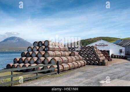 Bunnahabhain whiskey distillery, used bourbon barrels, Islay, Inner Hebrides, Scotland, United Kingdom Stock Photo