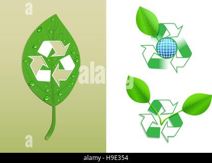 Recycle symbol on a fresh green leaf, recycle icon with world and growing leaf, recycle icon with new growths Stock Vector