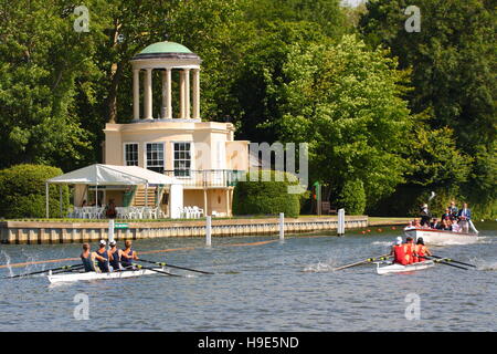 Rowing boats passing Temple Island during Henley Royal Regatta 2014 Stock Photo
