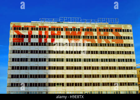 'Stop Wars' graffiti/ wall art on a facade of a house in Berlin Alexanderplatz, formerly known as 'Haus der Statistik', Berlin, Germany Stock Photo