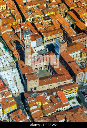 Aerial view, Piazza delle Erbe, the market square, Domus Mercatorum, Torre dei Lamberti, downtown Verona, northern Italy, Veneto Stock Photo