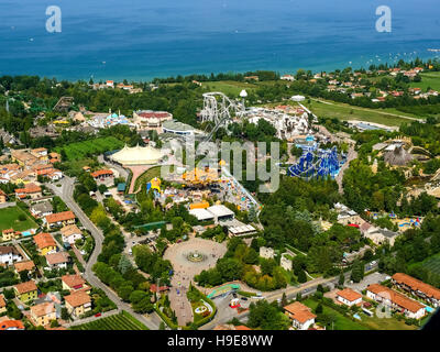 Aerial photo, leisure park Gardaland, roller coaster, Garda lake, Lago di Garda, Ronchi, Northern Italy, Veneto, Italy IT Europe Stock Photo