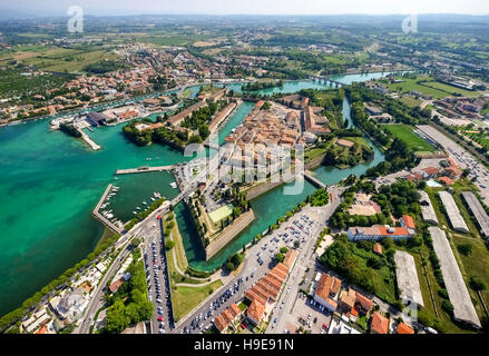 Aerial view, Comune di Peschiera del Garda on the river Mincio, Fortificazioni, fortifications, Lake Garda, Lago di Garda, Stock Photo