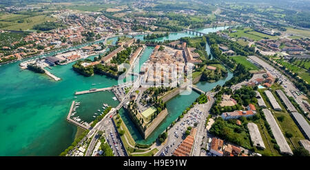 Aerial view, Comune di Peschiera del Garda on the river Mincio, Fortificazioni, fortifications, Lake Garda, Lago di Garda, Stock Photo