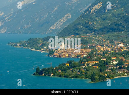 Aerial view, Castello di Malcesine, Malcesine Castle with harbor, Garda lake, Lago di Garda, Malcesine, Northern Italy, Veneto, Stock Photo