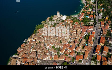 Aerial view, Castello di Malcesine, Malcesine Castle with harbor, old town Malcesine, Lake Garda, Lago di Garda, Malcesine, Stock Photo