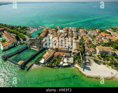 Aerial view, Scaliger castle, Castello Scaligero, Sirmione peninsula on Lake Garda, Lago di Garda, Sirmione, northern Italy, Stock Photo