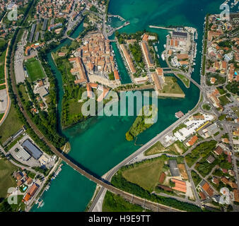 Aerial photo, Comune di Peschiera del Garda at the river Mincio, Fortificazioni, Fortresses, Garda lake, Lago di Garda, Stock Photo