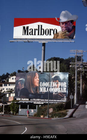 Billboards on the Sunset Strip in Los Angeles promoting Marlboro Cigarettes and the movie Looking For Mr. Goodbar in 1977 Stock Photo