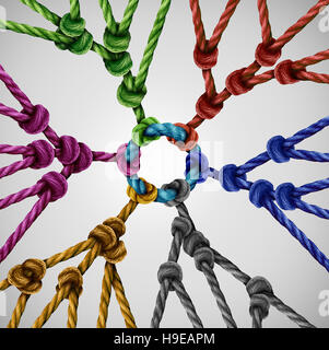 Team groups network as individual diverse teams coming together connected to a central point as an abstract communication concept with linked ropes of Stock Photo