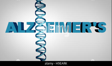 Alzheimer and alzheimer's disease genetics as text with a dna double helix strand as a dementia mental health and neurological medical gene therapy an Stock Photo