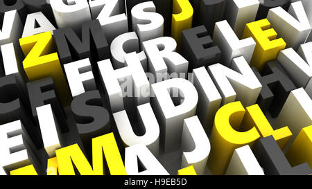abstract 3d illustration of random letters background, gray and yellow colors Stock Photo