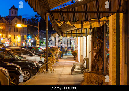 Downtown Paris along Main Street (Grand River Street) at dusk in Paris, Brant County, Ontario, Canada. Stock Photo