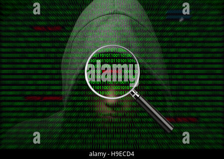 Hacker over a screen with binary code and warning messages Stock Photo