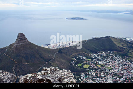 Cape Town from the top of Table Mountain with Robben Island in the background and Lion's Head in the foreground Stock Photo