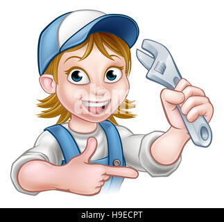 A handyman mechanic or plumber cartoon character holding a spanner and pointing Stock Photo