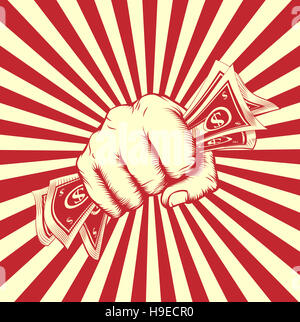 Fist holding money in a vintage revolution poster woodcut style Stock Photo