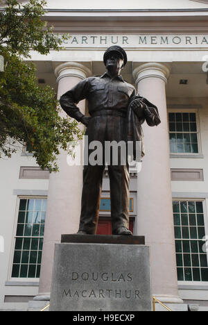 A statue of General Douglas Macarthur stands outside of a museum dedicated to his service to the military, in Norfolk, Virgina. Stock Photo