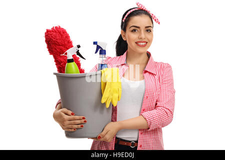 https://l450v.alamy.com/450v/h9ed0j/woman-holding-a-bucket-full-of-cleaning-products-and-equipment-isolated-h9ed0j.jpg