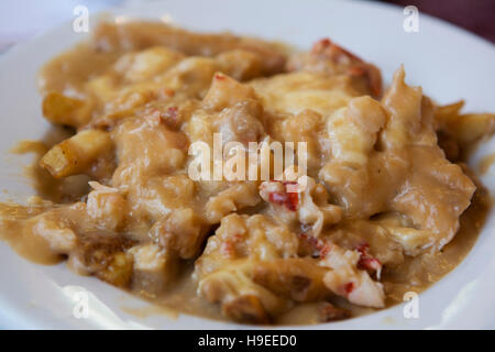 Lobster poutine served at Halls Harbour Lobster Pound in Nova Scotia, Canada. The lobster sauce tops French Fries. Stock Photo