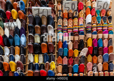 Traditional Moroccan Slippers For Sale In The Medina, Fez el Bali, Fez, Morocco Stock Photo