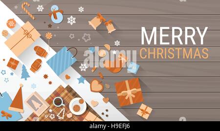 Decorated Workspace Desk With Presents Top Angle View Stock Vector
