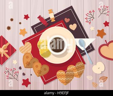 Decorated Workspace Desk Cup With Cookies Top Angle View Stock Vector