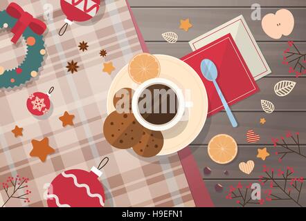 Decorated Workspace Desk Cup With Cookies Top Angle View Stock Vector