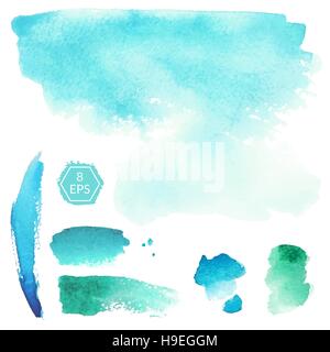 Vector. Set of blue and turquoise watercolor blots isolated on white background. Watercolor blots for your design, logo, emblem, banner. Stock Vector