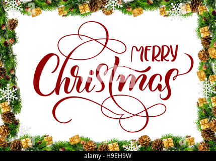 frame made of pine branches and gifts with text Merry Christmas. Calligraphy lettering Stock Photo