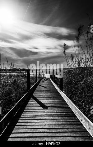 Wooden bridge in the middle of pond of platamona - Sardinia Stock Photo