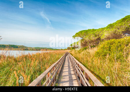 Wooden bridge in the middle of pond of platamona - Sardinia Stock Photo