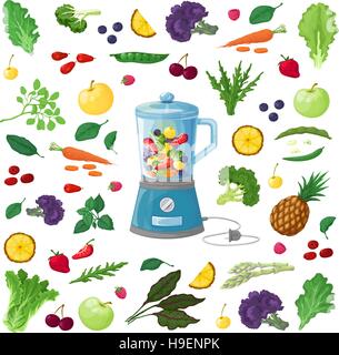 Vector Illustration of fruits, vegetables and herbs, made in a realistic style. ingredients for preparing drinks or smoothies. Icons set. Stock Vector
