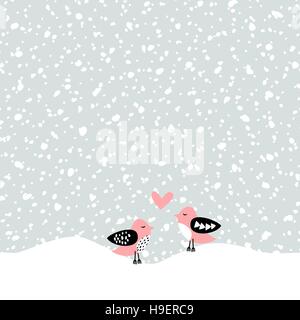 Seamless repeat pattern with falling snow in white and light gray. Two cute birds in love under the snowfall. Winter textile, wall art, wrapping paper Stock Vector