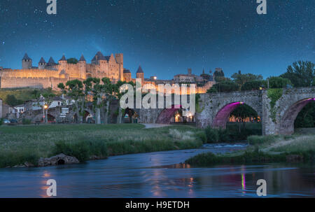 Stars at night over fortified city of Carcassonne, Languedoc-Roussillon, France Stock Photo