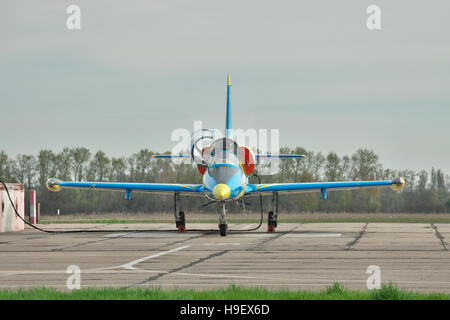 Vasilkov, Ukraine - April 24, 2012: Ukraine Air Force Aero L-39 Albatros trainer plane is being prepared for flight on the airfield Stock Photo