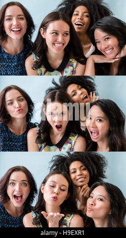 Series of women making faces in photo booth Stock Photo