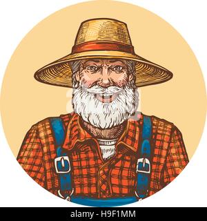 Smiling farmer in straw hat. Gardener or beekeeper vector illustration Stock Vector