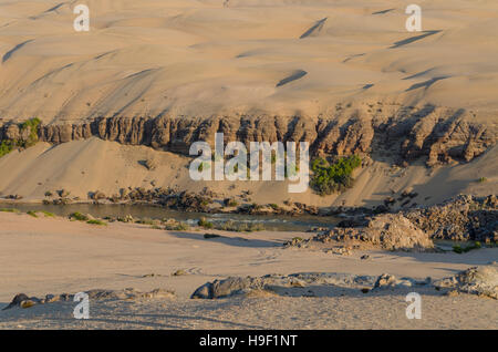Kunene River in front of towering ancient Namib Desert sand dunes of Namibia and Angola Stock Photo