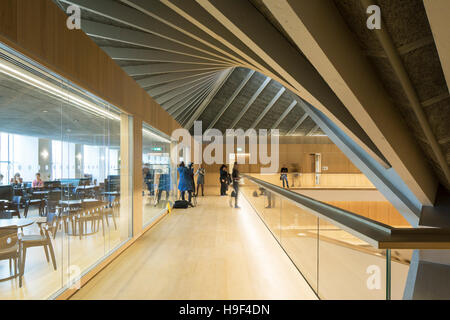 Interior view of 2nd floor walkway and restaurant. Design Museum, London, United Kingdom. Architect: john pawson, 2016. Stock Photo