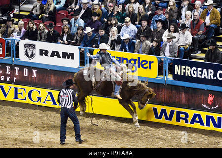 Las Vegas Nevada, December 2015 - Bronco riding at the National Rodeo Finals NFR Stock Photo