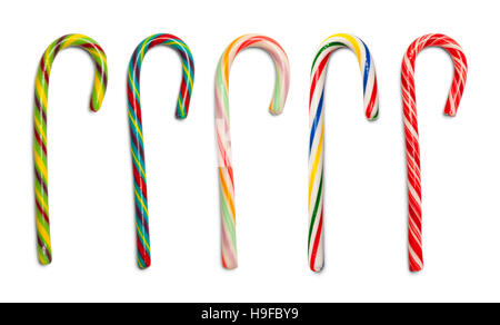 Five Different Candy Canes Isolated on White Background. Stock Photo