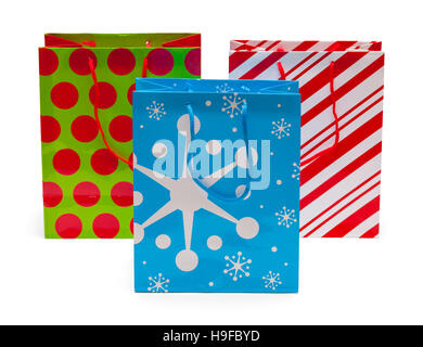 Three Christmas Bags Front View Isolated on White Background. Stock Photo