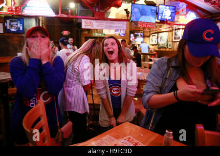 November 2, 2016 - Bloomington, Indiana, USA: Chicago Cubs fans celebrate at Nick's English Hut after the baseball team won the World Series against the Cleveland Indians breaking a 108 year old curse. The Chicago Cubs last won the world series in 1908. Stock Photo