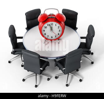 Red alarm clock on round business table isolated on white background. 3D illustration. Stock Photo