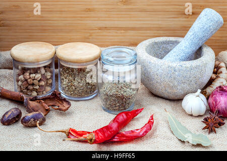 Assortment of spices ingredients of thai popular food red curry Stock Photo