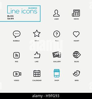 Single Line Blog, Social Network Pictograms Set. User, news, bubble, star, faq, heart rss like gallery video calendar shop bird Stock Vector