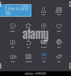 Single Line Blog, Social Network Pictograms Set - black background. User, news, bubble, star, faq, heart, rss like gallery video calendar shop bird Stock Vector