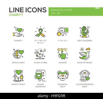 Charity - modern vector line design icons and pictograms set. Awareness ribbon, donation, safe planet, plant a tree, donate, dove, happy family, blood Stock Vector